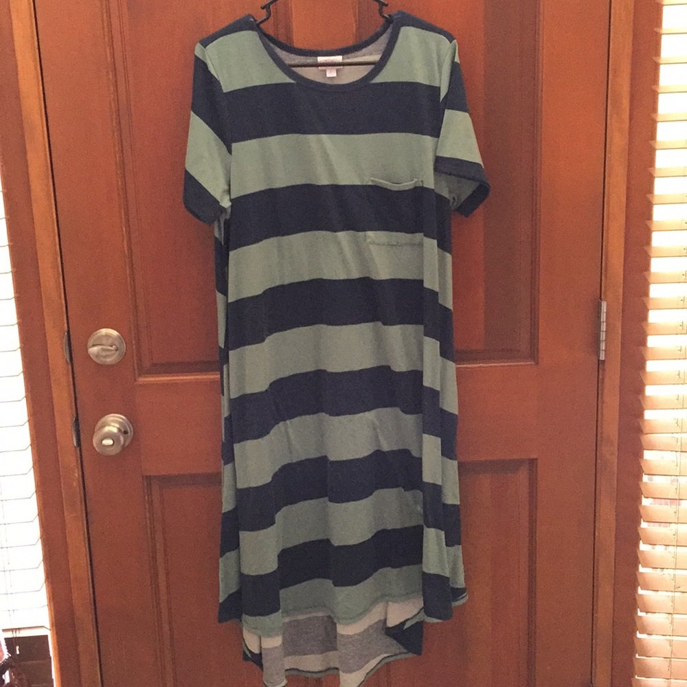 Lularoe Carly Dress green/navy stripes size (LG)